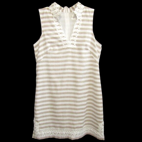Eliza J Linen Cotton Mini Dress Size 12 Beige White Stripe Eyelet Coastal Resort - Picture 1 of 14